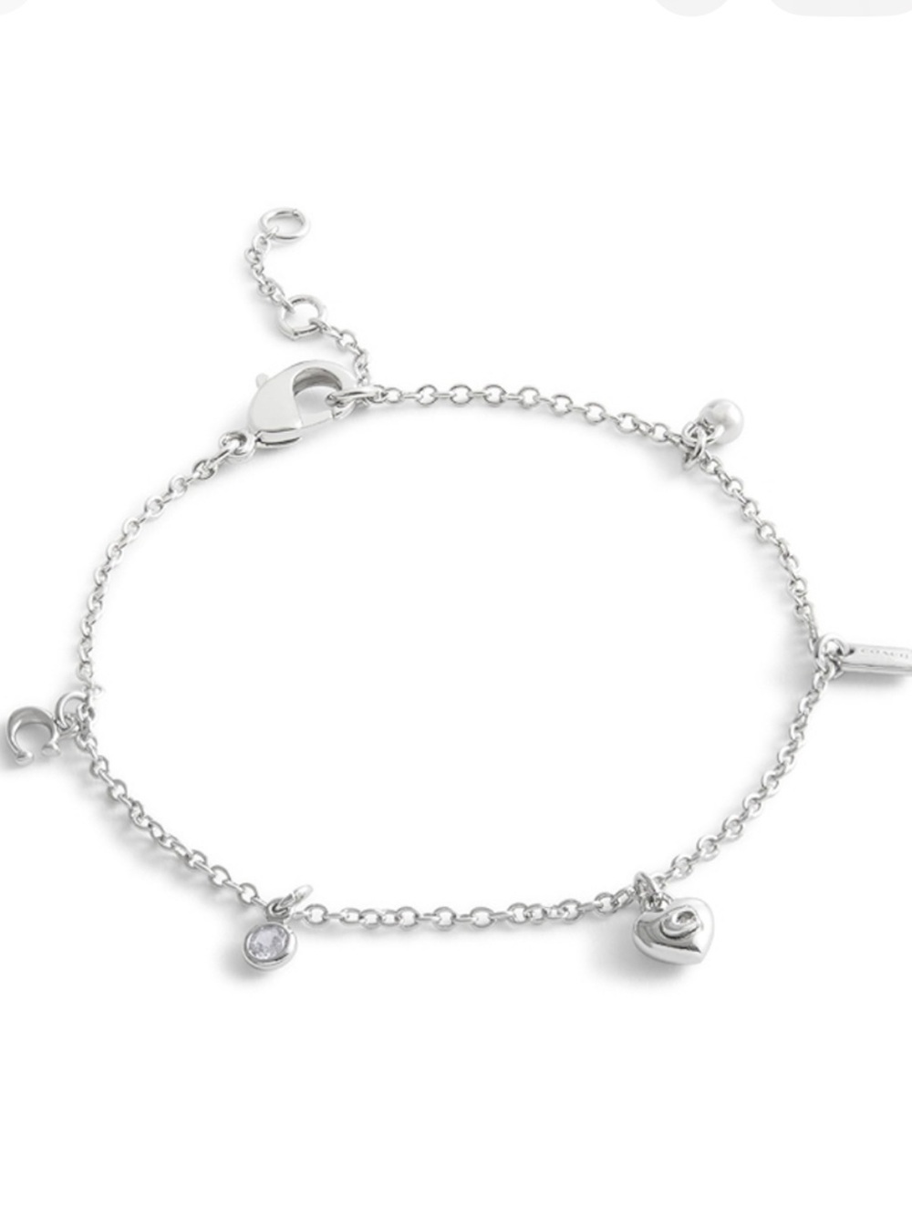 Coach Silver Plated Heart Charm Bracelet with Crystal Accents